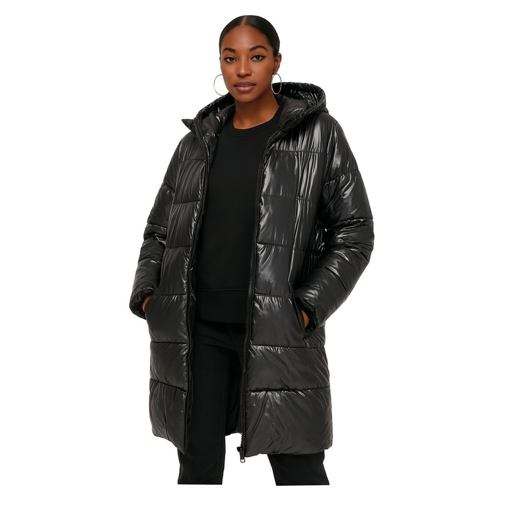 EUC Juicy Couture Black Label Mid Length Black Down Blend Puffer Women’s Sz L